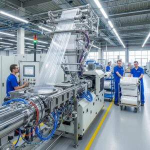 Modern blown film extrusion machine in action, illustrating advanced plastic film production technology