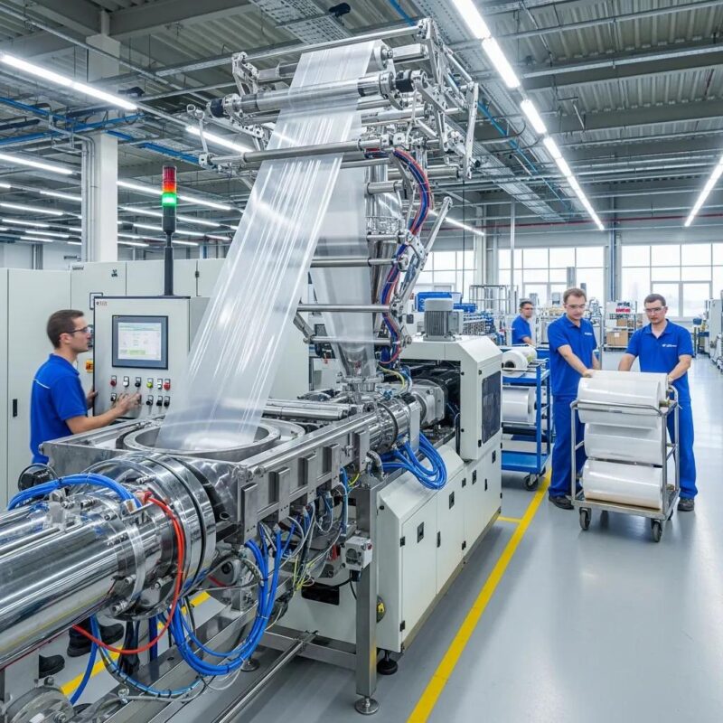 Modern blown film extrusion machine in action, illustrating advanced plastic film production technology