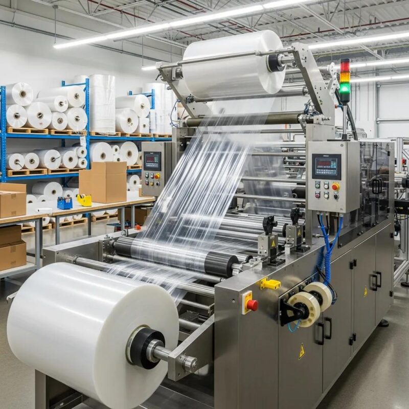 Modern bubble film machine producing air-cushioned film in a packaging facility