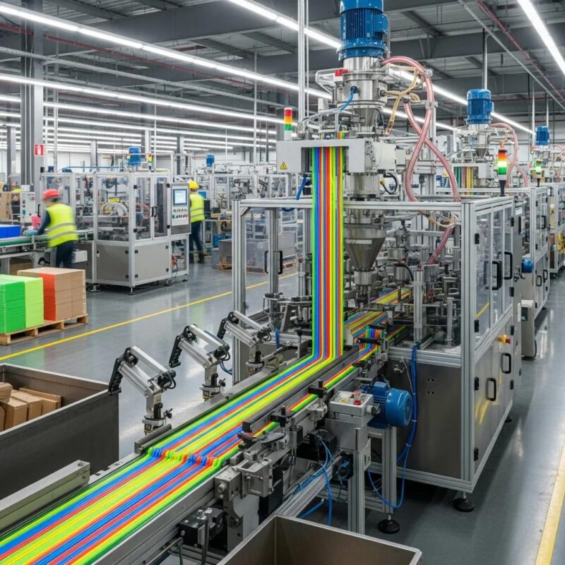Modern drinking straw machine producing colorful straws in a clean factory environment