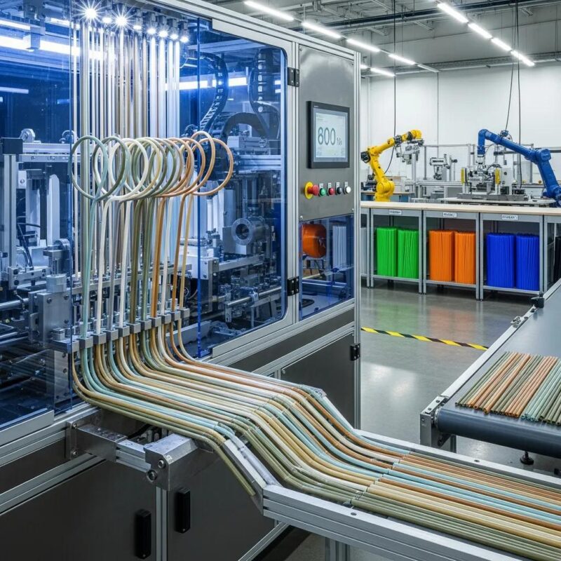 Modern drinking straw machine producing colorful straws in a factory setting