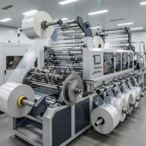 Modern film slitting machine in action, processing plastic film rolls