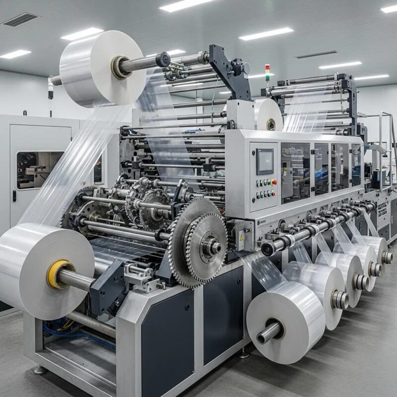 Modern film slitting machine in action, processing plastic film rolls