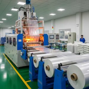 Modern LDPE blown film machine in operation, producing flexible packaging film