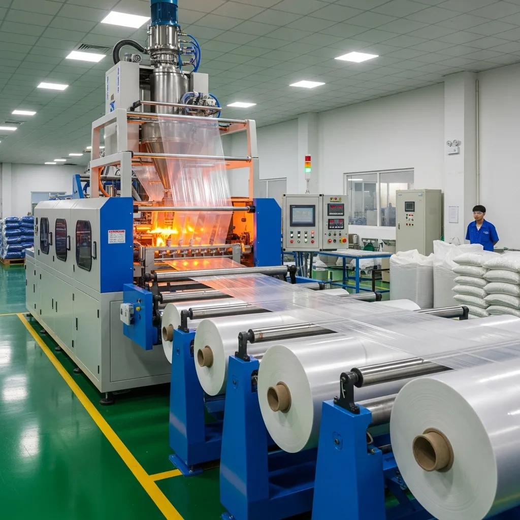 Modern LDPE blown film machine in operation producing flexible packaging film, showcasing extrusion process, with rolls of film and operator in a factory setting.