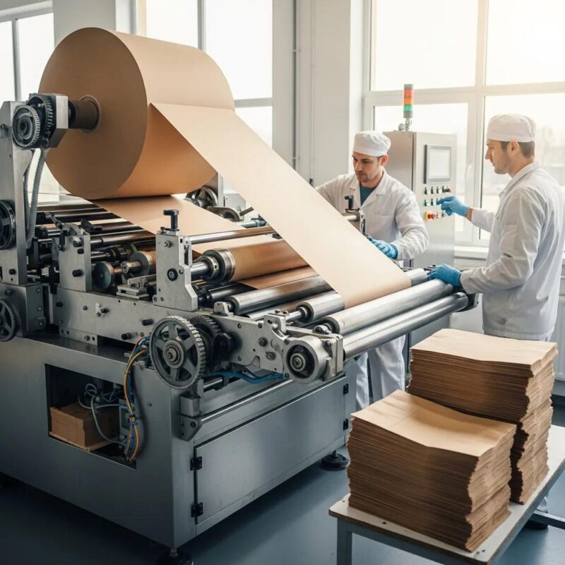 Modern paper bag making machine in an industrial setting, highlighting sustainable packaging solutions
