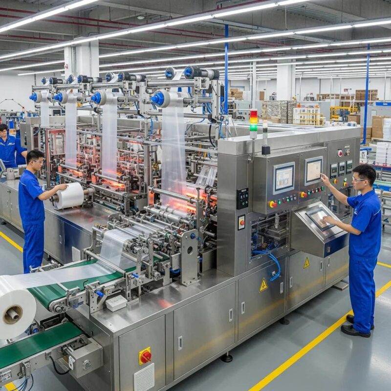 Modern plastic bag making machine in a factory, highlighting production efficiency and technology