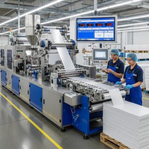 Modern plastic bag making machine in a factory, illustrating advanced manufacturing technology