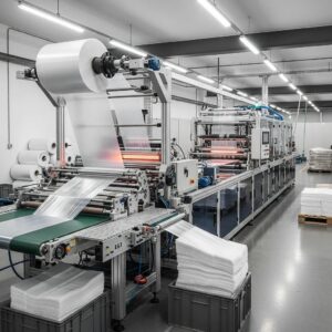 Modern plastic bag making machine in action, showcasing production efficiency and technology