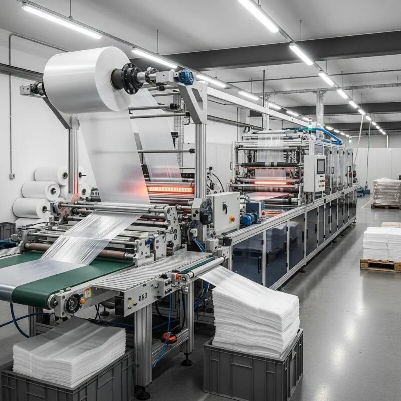 Modern plastic bag making machine in action, showcasing production efficiency and technology