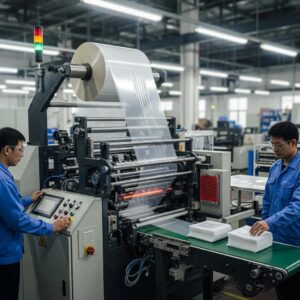 Modern plastic bag making machine in an industrial setting