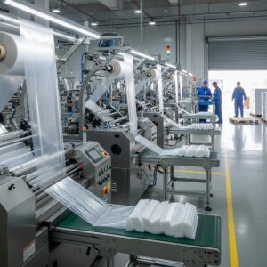 Modern plastic bag manufacturing facility with side sealing and bottom sealing machines in action
