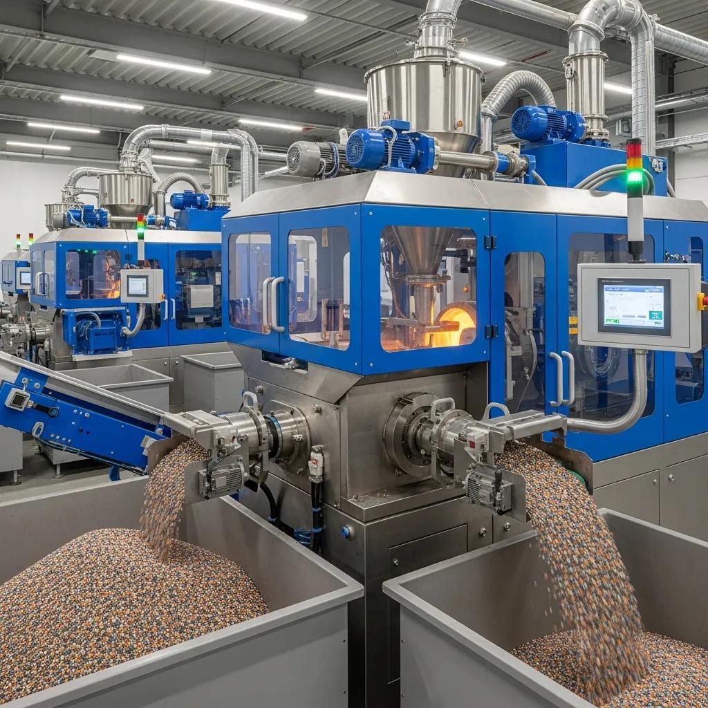 Modern plastic pelletizing machines in a recycling facility, illustrating advanced technology and freshly produced pellets