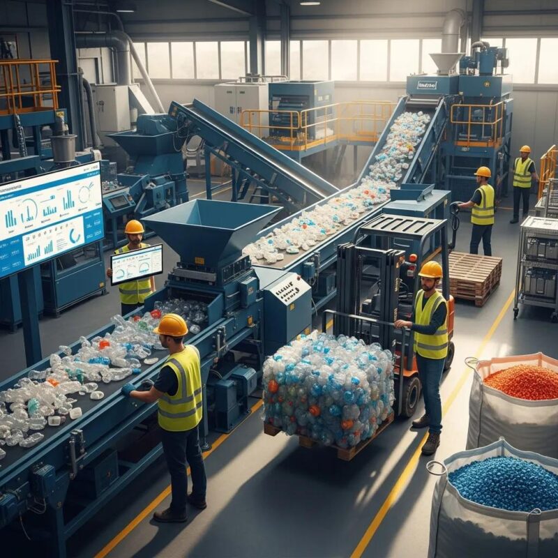 Modern plastic recycling facility showcasing advanced machines and sustainable practices