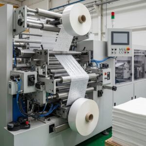 Modern roll bag making machine converting plastic film into perforated bags in a factory setting