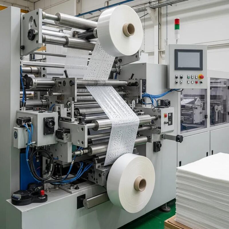 Modern roll bag making machine converting plastic film into perforated bags in a factory setting