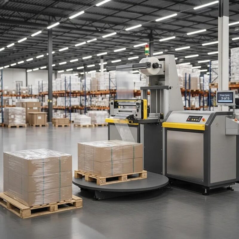 Modern stretch film machine wrapping pallets in a warehouse, showcasing efficient packaging solutions