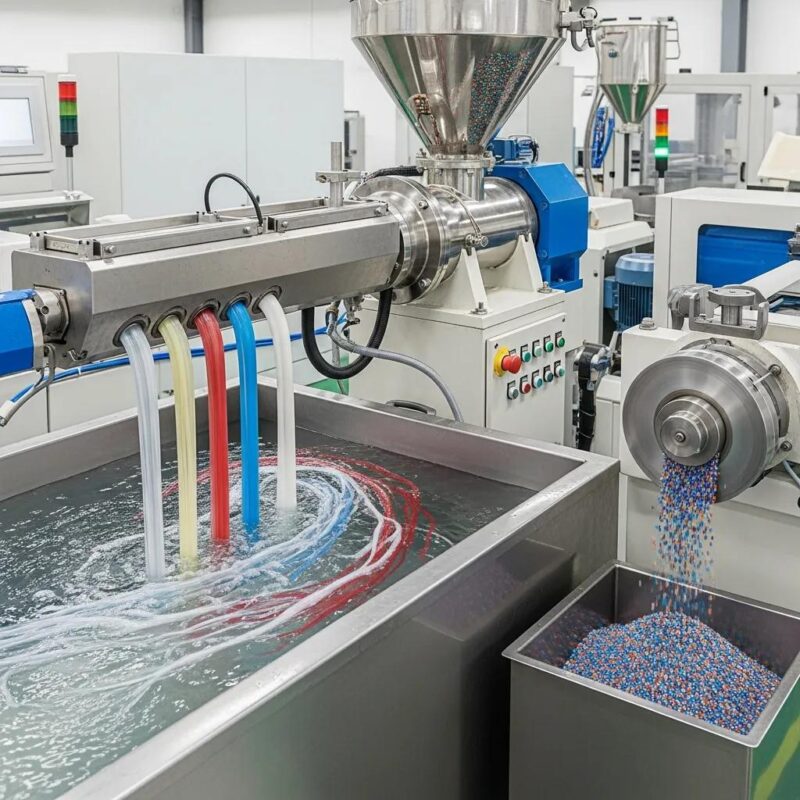 Modern water cooling plastic recycling system with machinery and plastic pellets