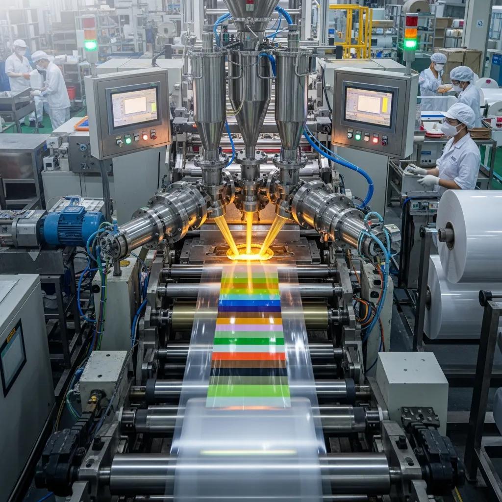 Multilayer co-extrusion machine producing colorful film layers in a factory setting, highlighting the extrusion process and advanced technology for flexible packaging.