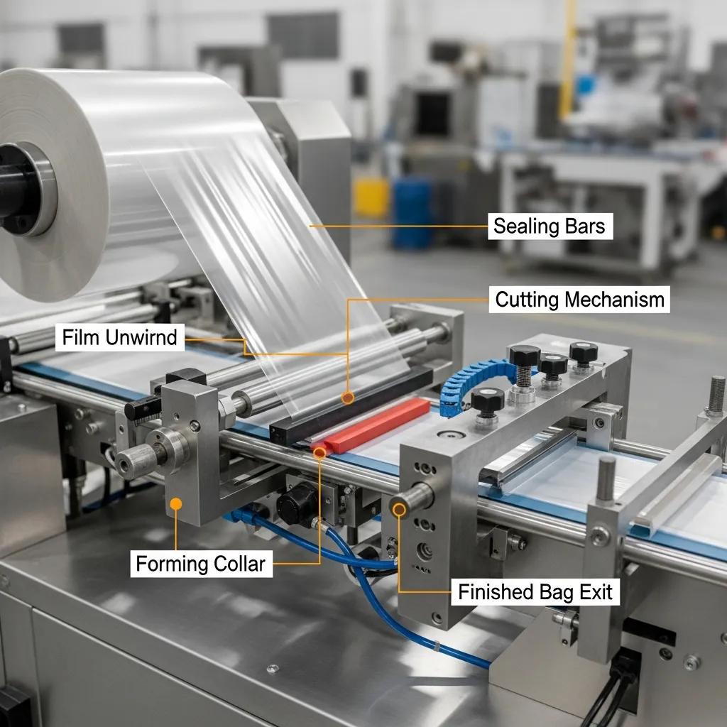 Operational sequence of bottom sealing machines, showcasing key components and the sealing process in a production environment