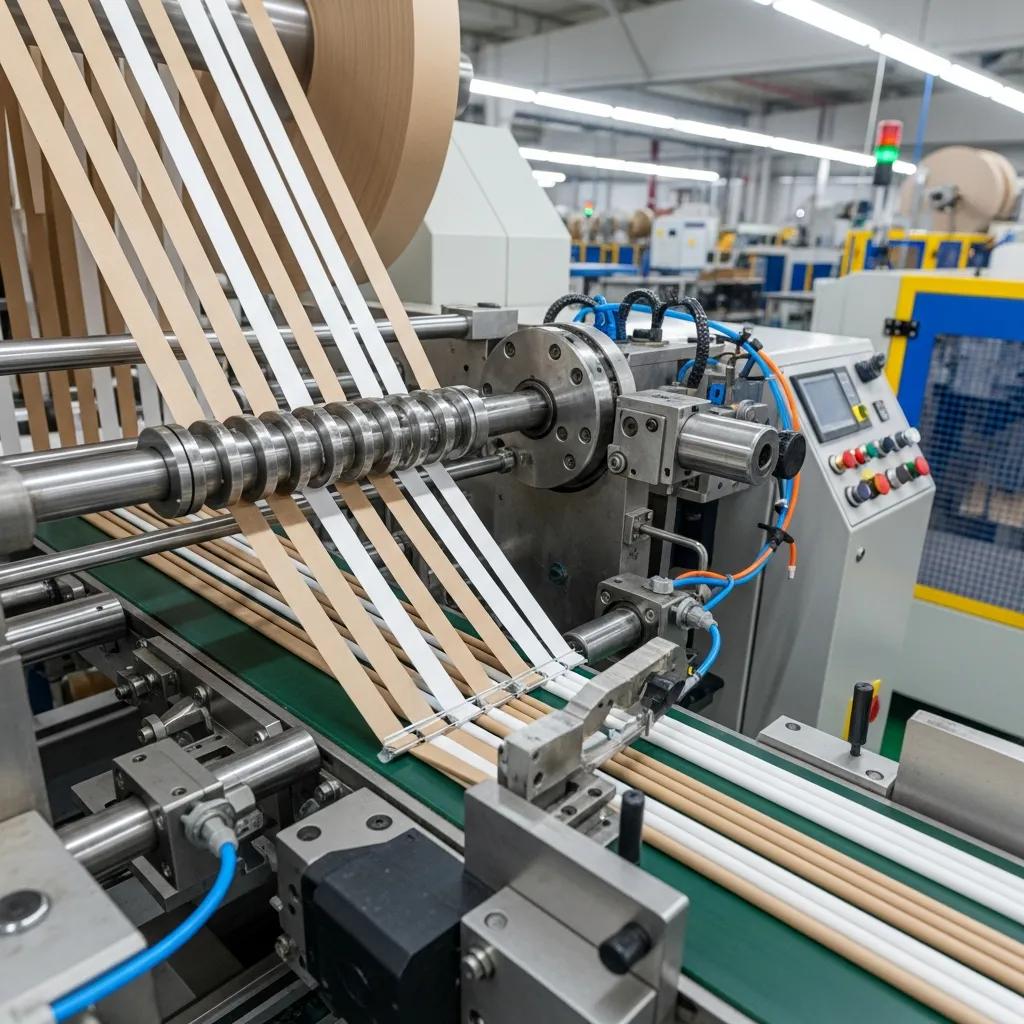 Paper straw manufacturing machine showing the spiraling head and adhesive application process