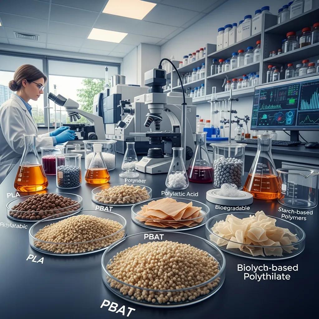 Showcase of biodegradable materials like PLA and PBAT in a laboratory setting