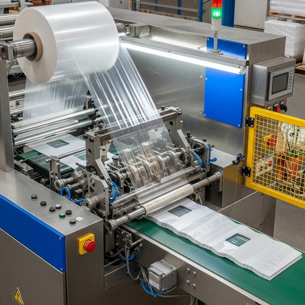 Side sealing machine in operation producing retail shopping bags