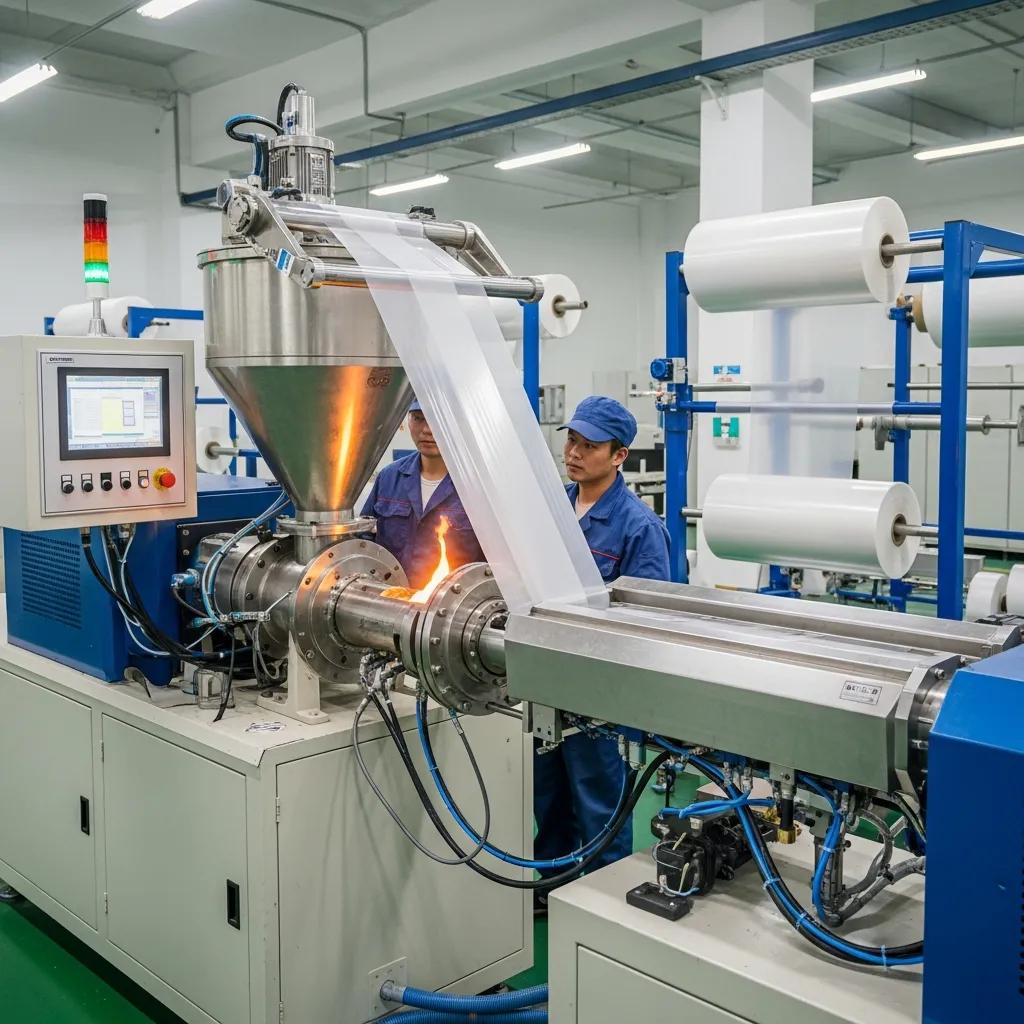 Single layer blown film extruder in operation, showcasing extrusion process with molten polyethylene, finished film roll, and operators monitoring production.