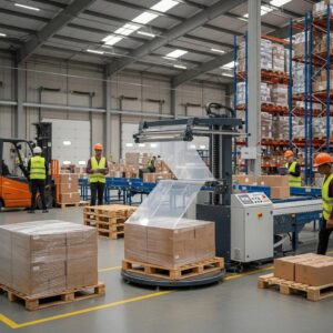 Stretch film machine wrapping pallets in a Pretoria warehouse, showcasing packaging efficiency