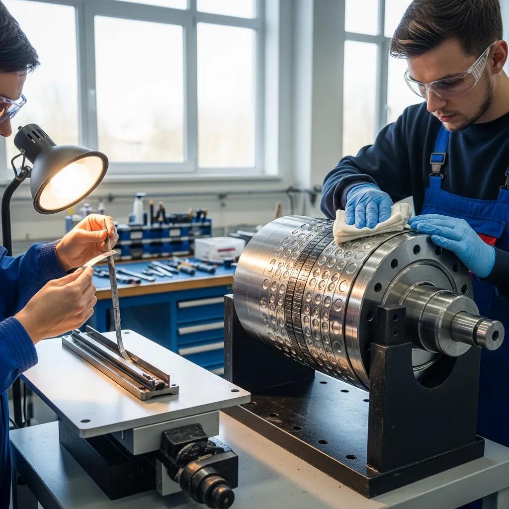 Technician maintaining a gravure printing machine, focusing on cylinder cleaning and doctor blade inspection
