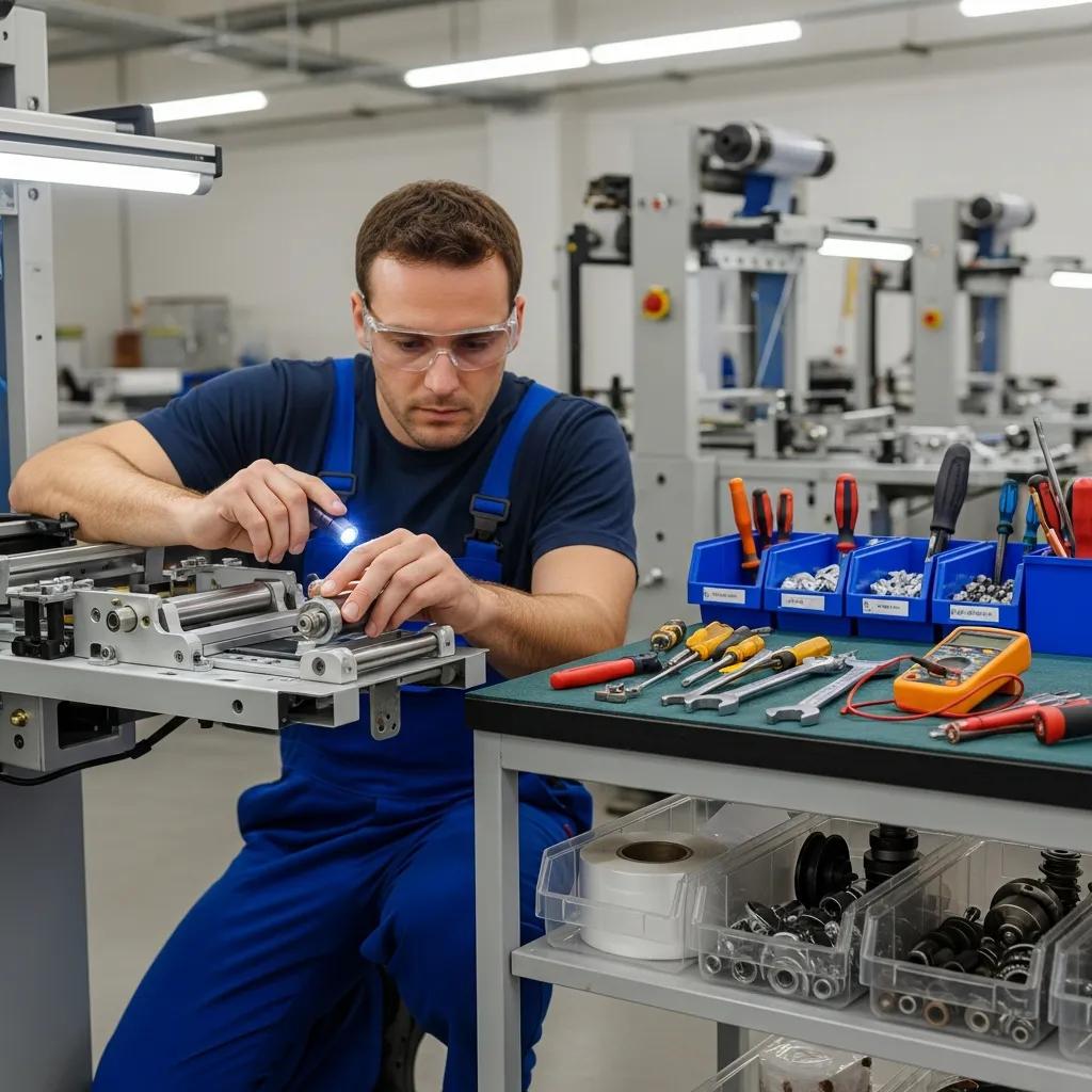 Technician performing maintenance on a stretch film machine, highlighting routine checks and troubleshooting