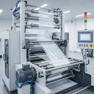 Three-layer bubble film machine producing high-performance protective film in an industrial setting