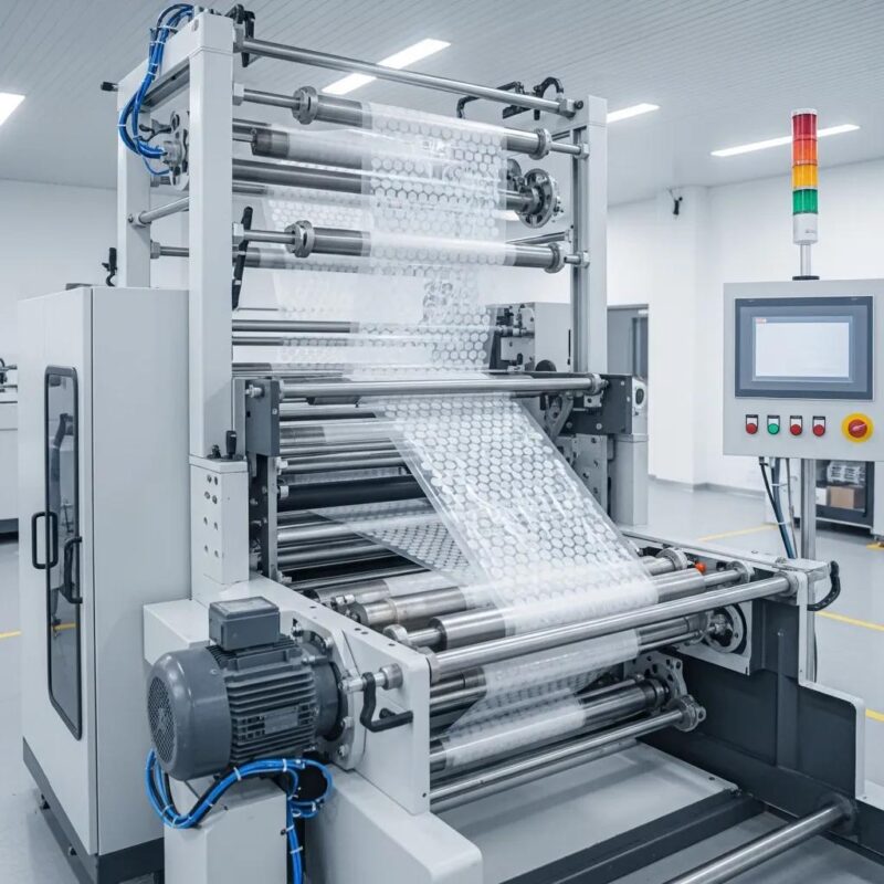 Three-layer bubble film machine producing high-performance protective film in an industrial setting