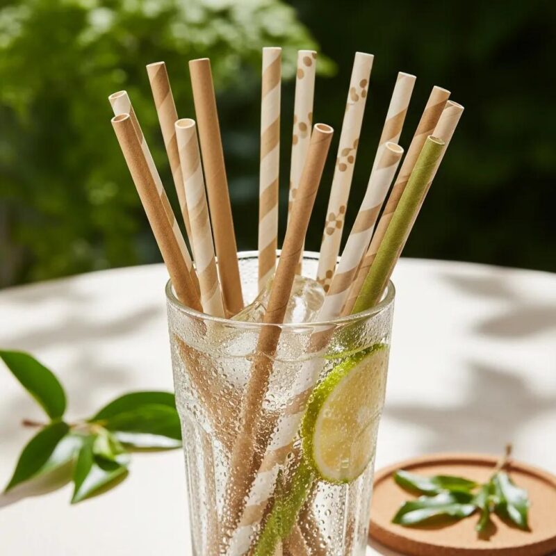 Variety of eco-friendly biodegradable drinking straws in a glass, highlighting sustainable materials
