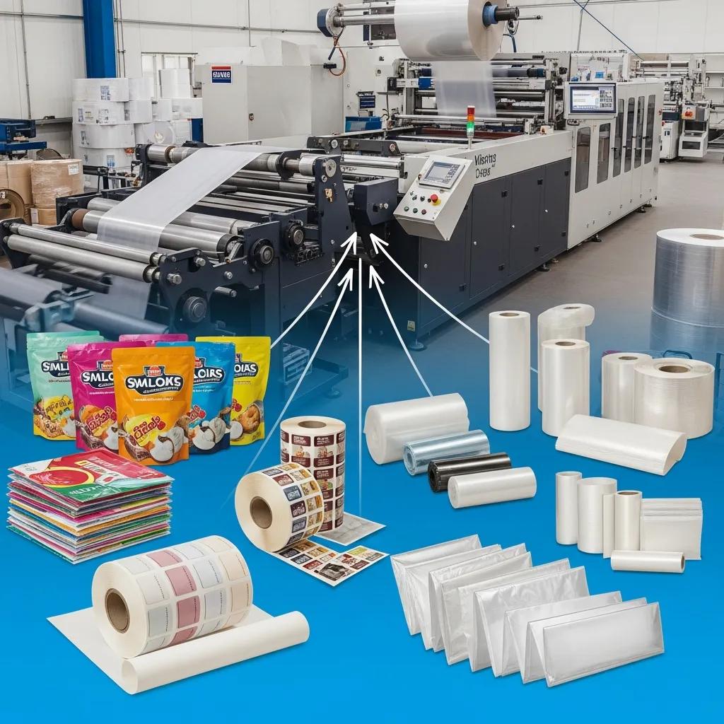 Various products from industries relying on film slitting technology, including plastic bags and labels