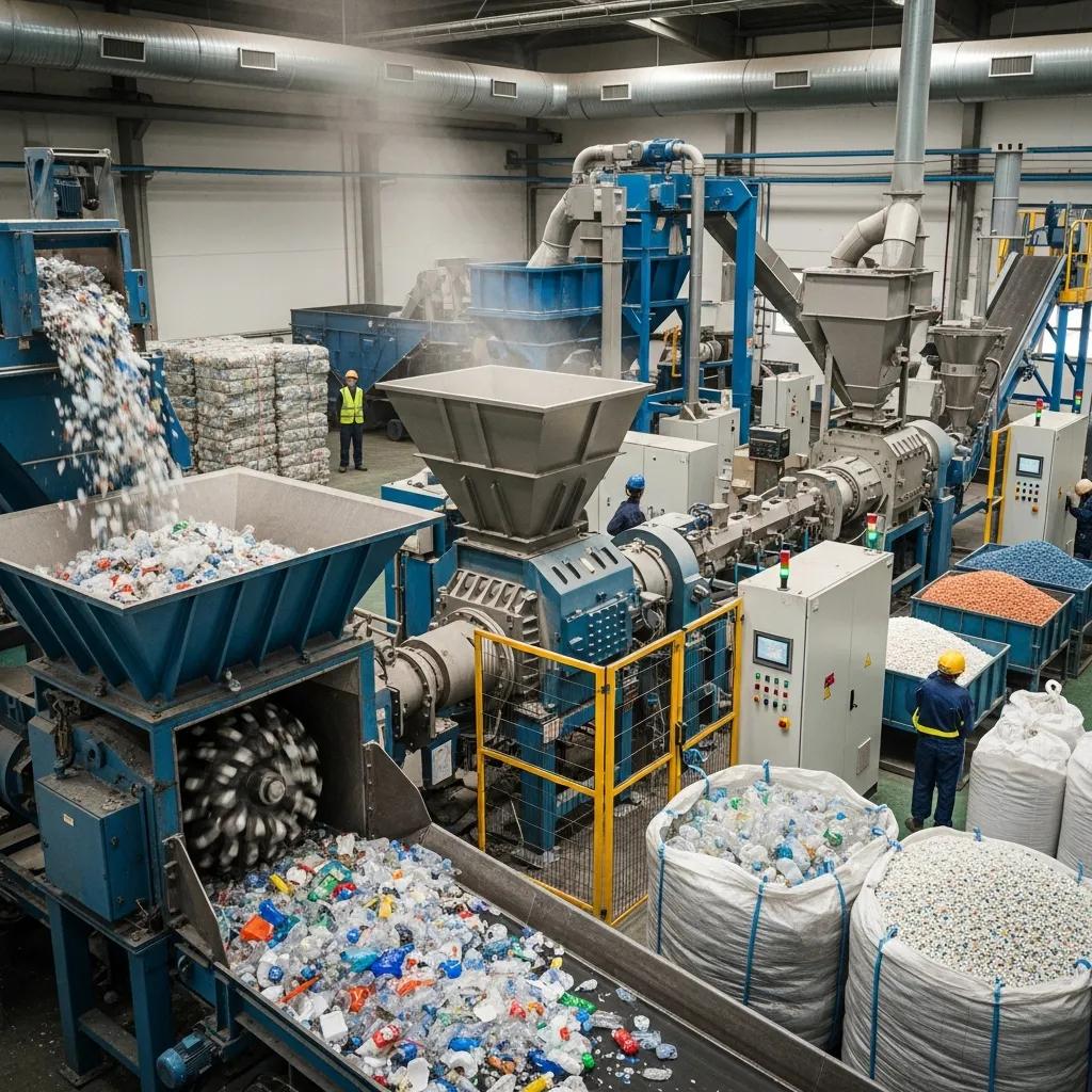 Various types of plastic recycling machines in action, showcasing their functionality in a factory setting