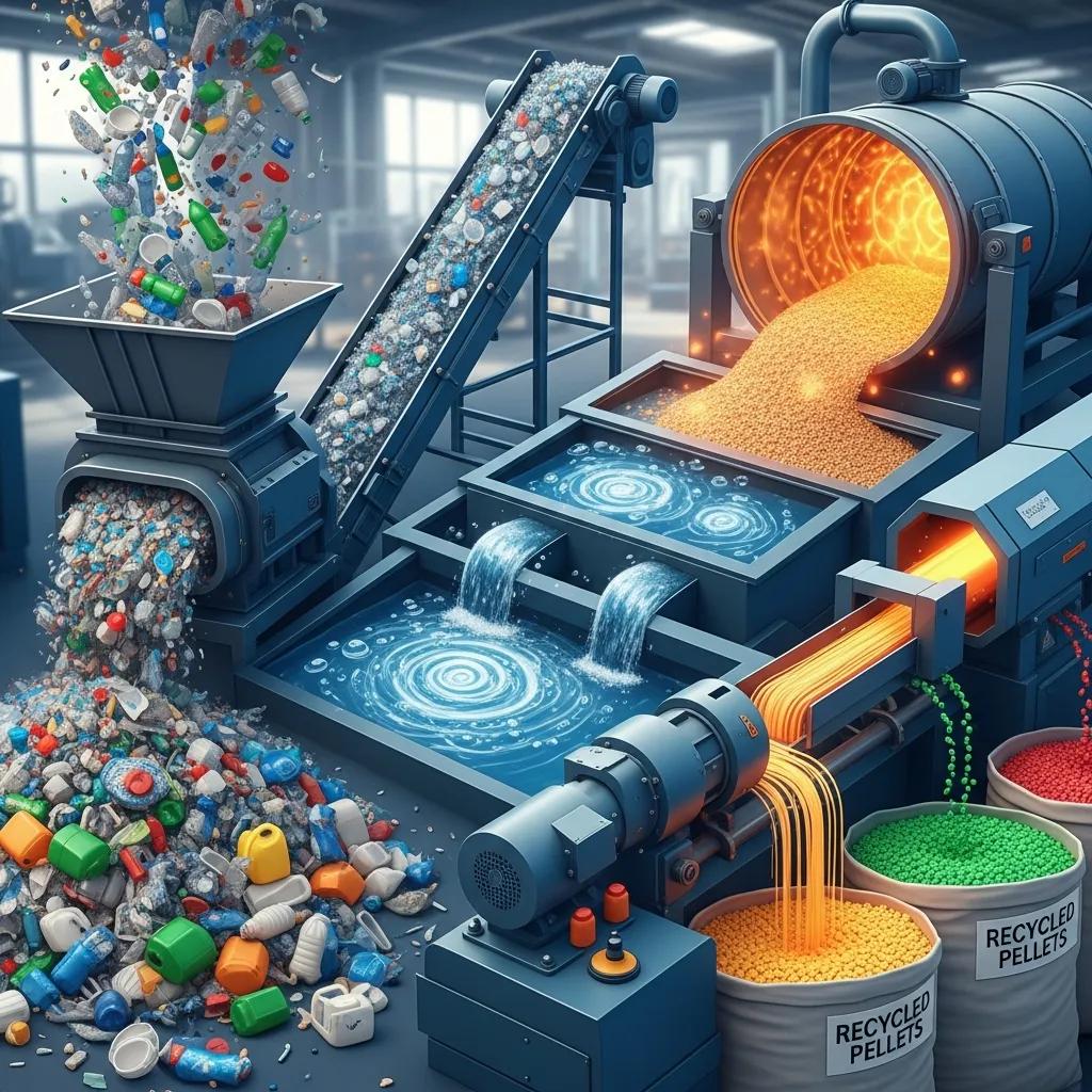 Visual representation of the plastic recycling process from waste to pellets