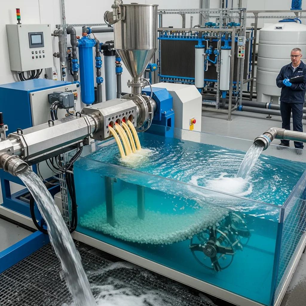 Water-cooling pelletizer demonstrating the cooling process of plastic pellets