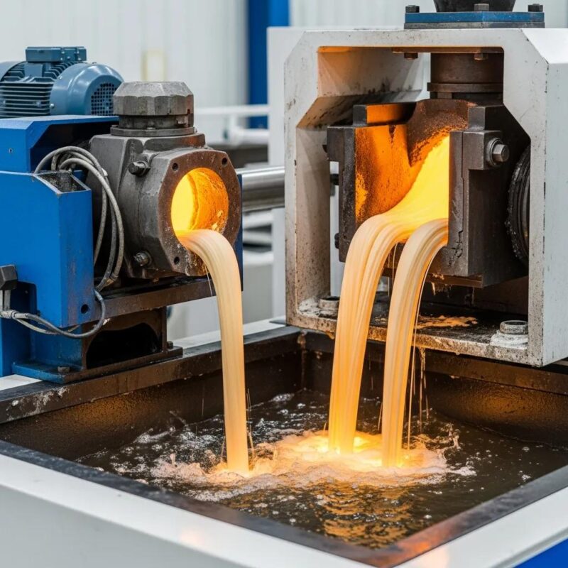 Water cooling plastic recycling machine quenching molten polymer strands in a recycling facility