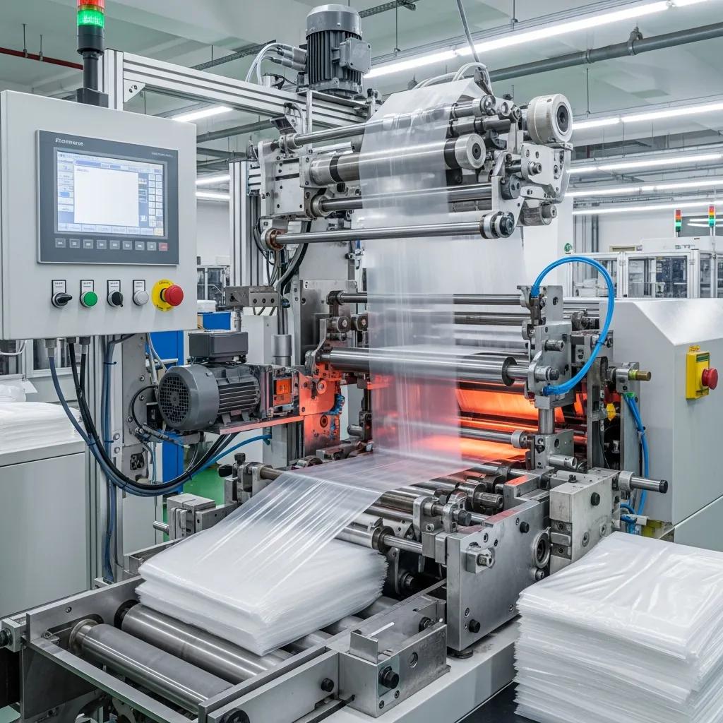 Automatic T-shirt bag making machine in operation, showcasing high-speed production of flat bags with temperature-controlled extrusion and precise sealing mechanisms.