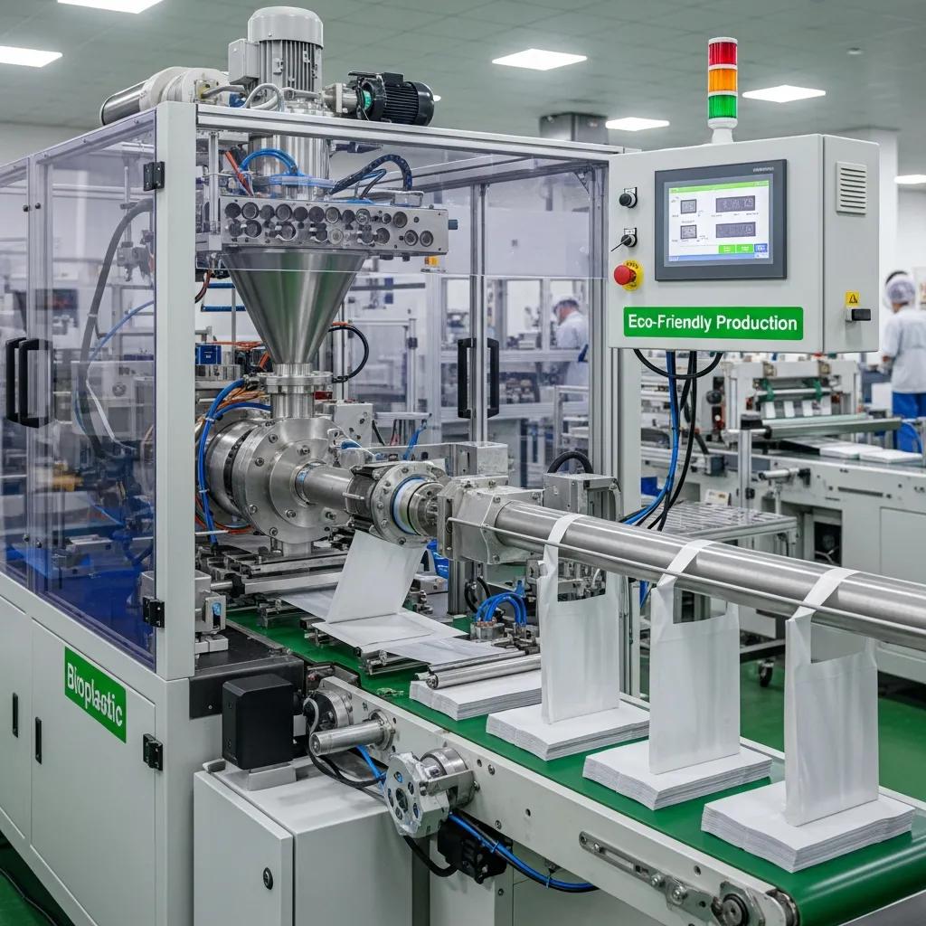 Biodegradable plastic bag making machine showcasing features for eco-friendly production