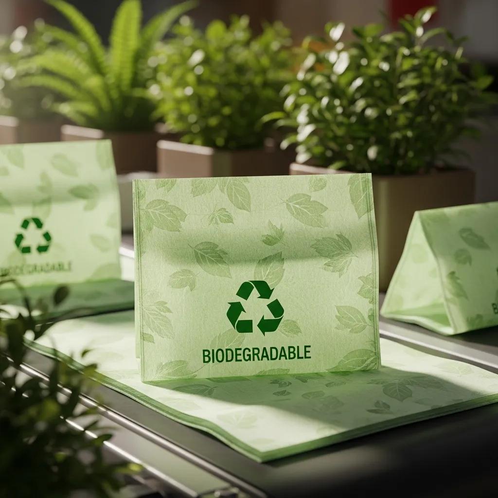 Biodegradable plastic bags being produced with eco-friendly materials in a natural setting