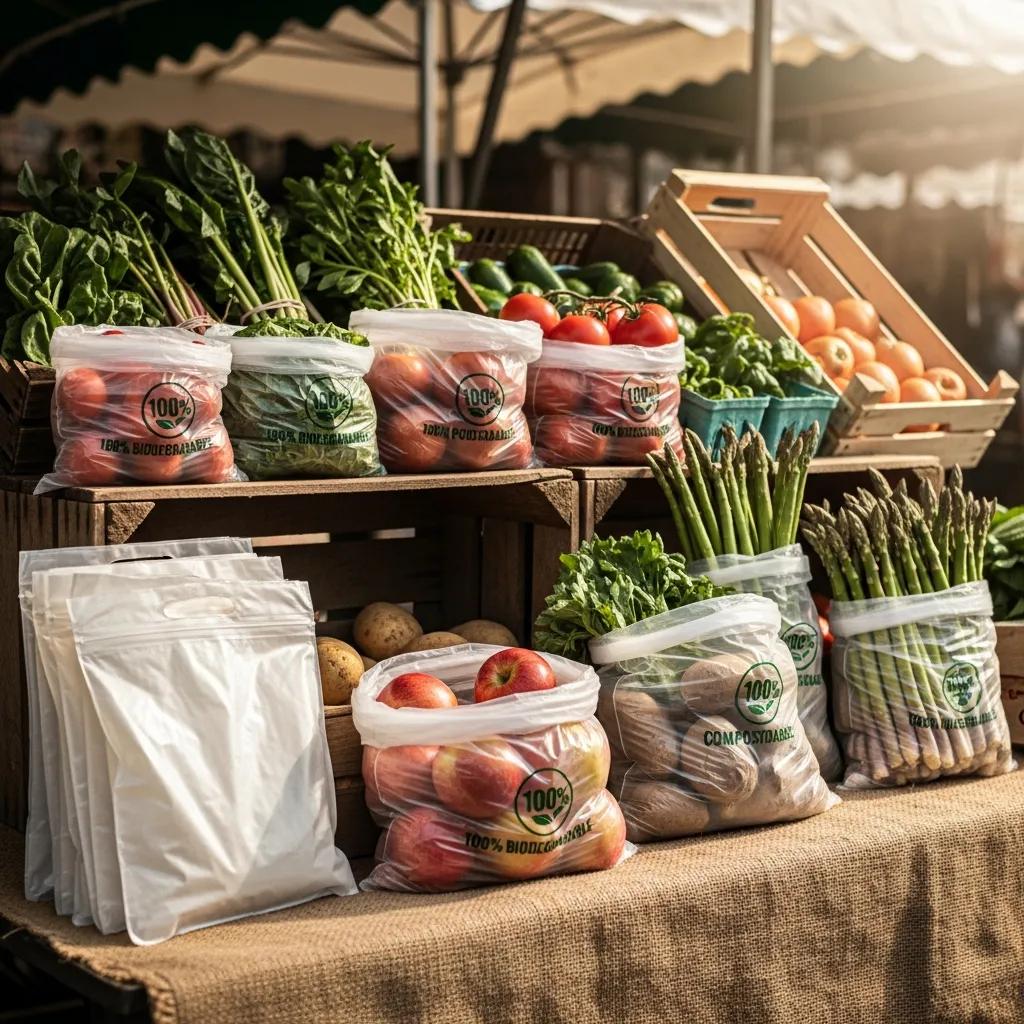 Biodegradable plastic bags filled with organic vegetables and fruits in a market setting, showcasing sustainable packaging options.