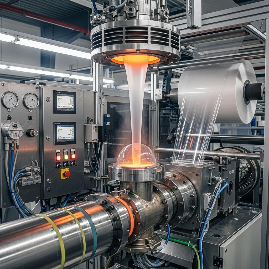 Blown film extrusion process showing machinery and molten plastic being formed into film