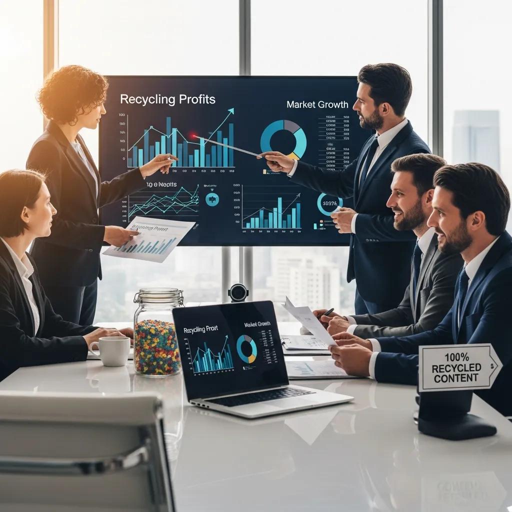 Business professionals discussing economic benefits of plastic recycling, analyzing data on screens, showcasing graphs on recycling profits and market growth, in a modern conference room.