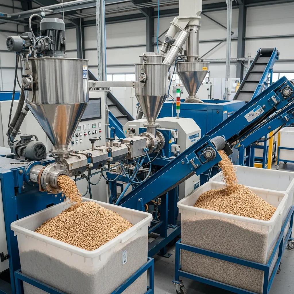 Commercial plastic pelletizer converting washed flakes into uniform pellets in a recycling facility