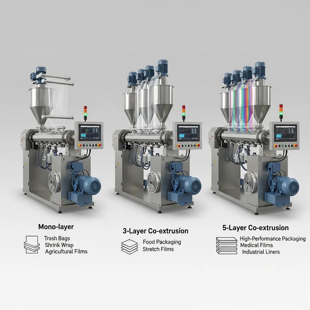 Mono-layer, 3-layer co-extrusion, and 5-layer co-extrusion blown film extruders, showcasing applications like trash bags, food packaging, and high-performance medical films, with control panels and multiple hoppers.