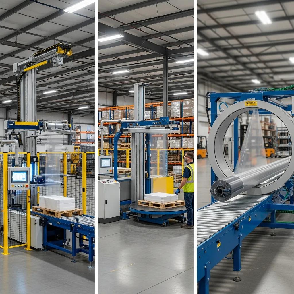 Comparison of automatic, semi-automatic, and orbital stretch film machines in a warehouse, showcasing packaging processes and equipment setup.