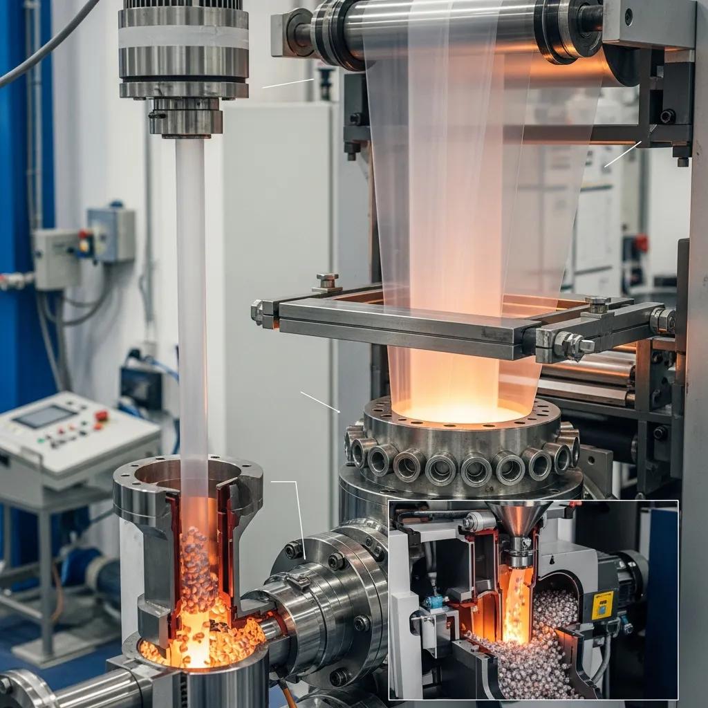 Detailed view of blown film extrusion process components, showcasing the machine's complexity and functionality