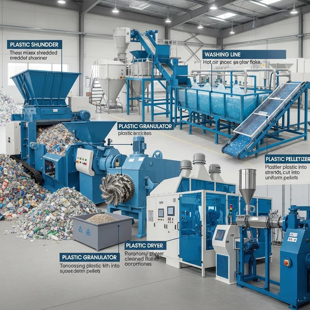 Different types of plastic recycling machines including plastic shredder, granulator, dryer, washing line, and pelletizer in an industrial setting.